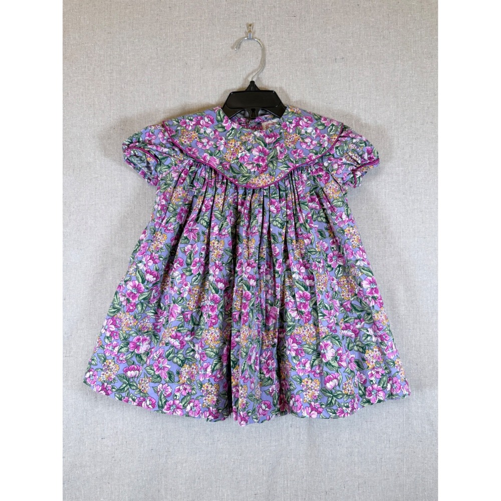 Caroline Classics Vintage Floral Cotton Dress Purple Pink 12M Short Sleeve